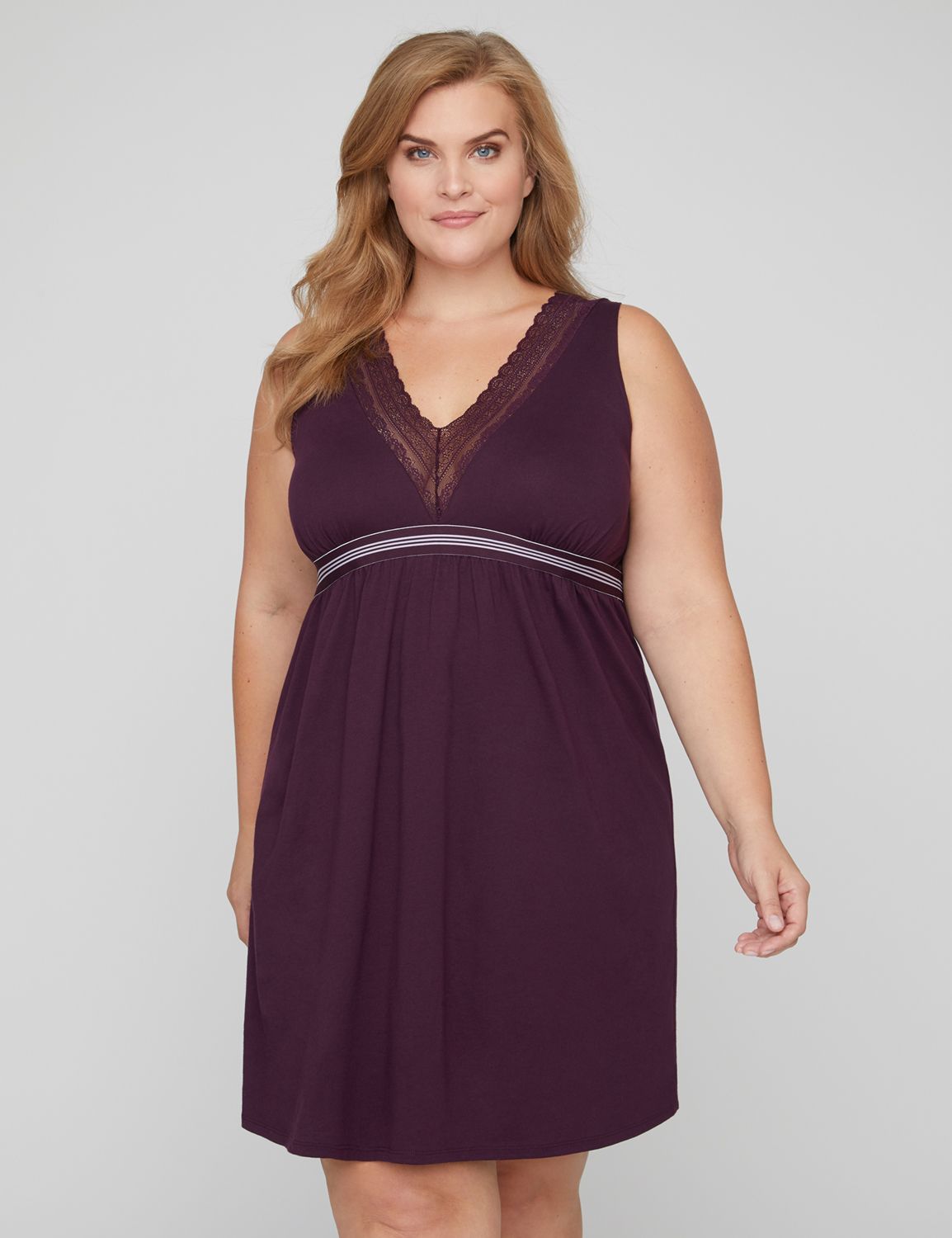 Drift off in this soft, jersey-knit chemise for soft slumber night after night. Empire waist silhouette with a striped elastic band. Deep V-neck outlined in lace. Sleeveless. Item Number #315080, 100% Cotton, Machine Wash, Imported Plus Size Sleepwear, Length: 22" , Plus Sizes 0X-5X, Catherines Plus Sizes