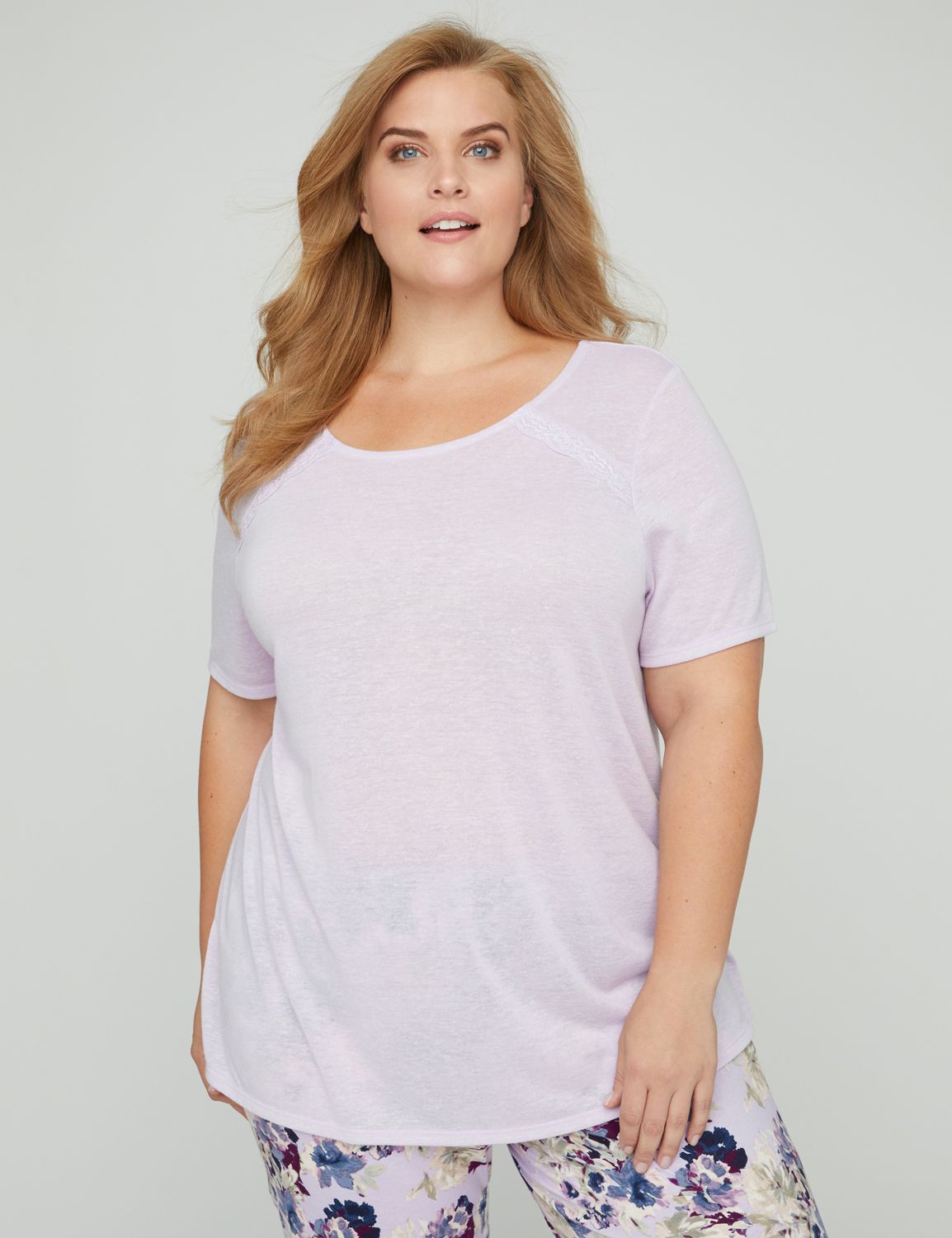 A super-soft sleep tee in jersey knit with a delicate touch of lace accenting the front yoke. We love the strappy details that accentuate the deep V-neck back. Scoop neck. Short sleeves. Complete your look with our Pretty Petals Sleep Capri. Item Number #315493, 85% Polyester/15% Linen, Machine Wash, Imported Plus Size Sleepwear, Length: 30.375" , Plus Sizes 0X-5X, Catherines Plus Sizes
