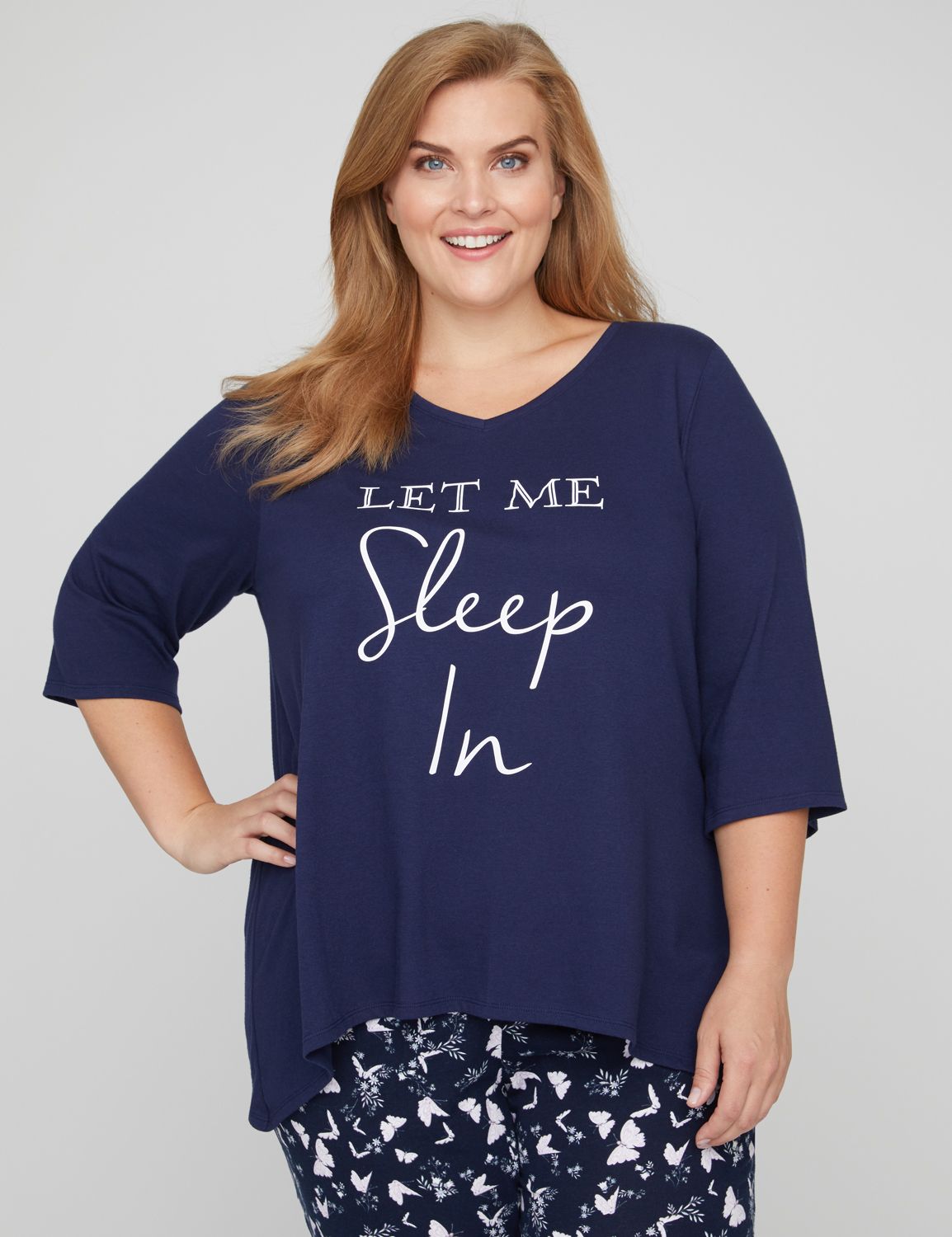 Start dreaming in this lightweight sleep tee featuring a unique graphic and a handkerchief hemline. Three-quarter sleeves. Jersey knit. Item Number #315496, 60% Cotton/40% Polyester, Machine Wash, Imported Plus Size Sleepwear, Length: 28.5" , Plus Sizes 0X-5X, Catherines Plus Sizes
