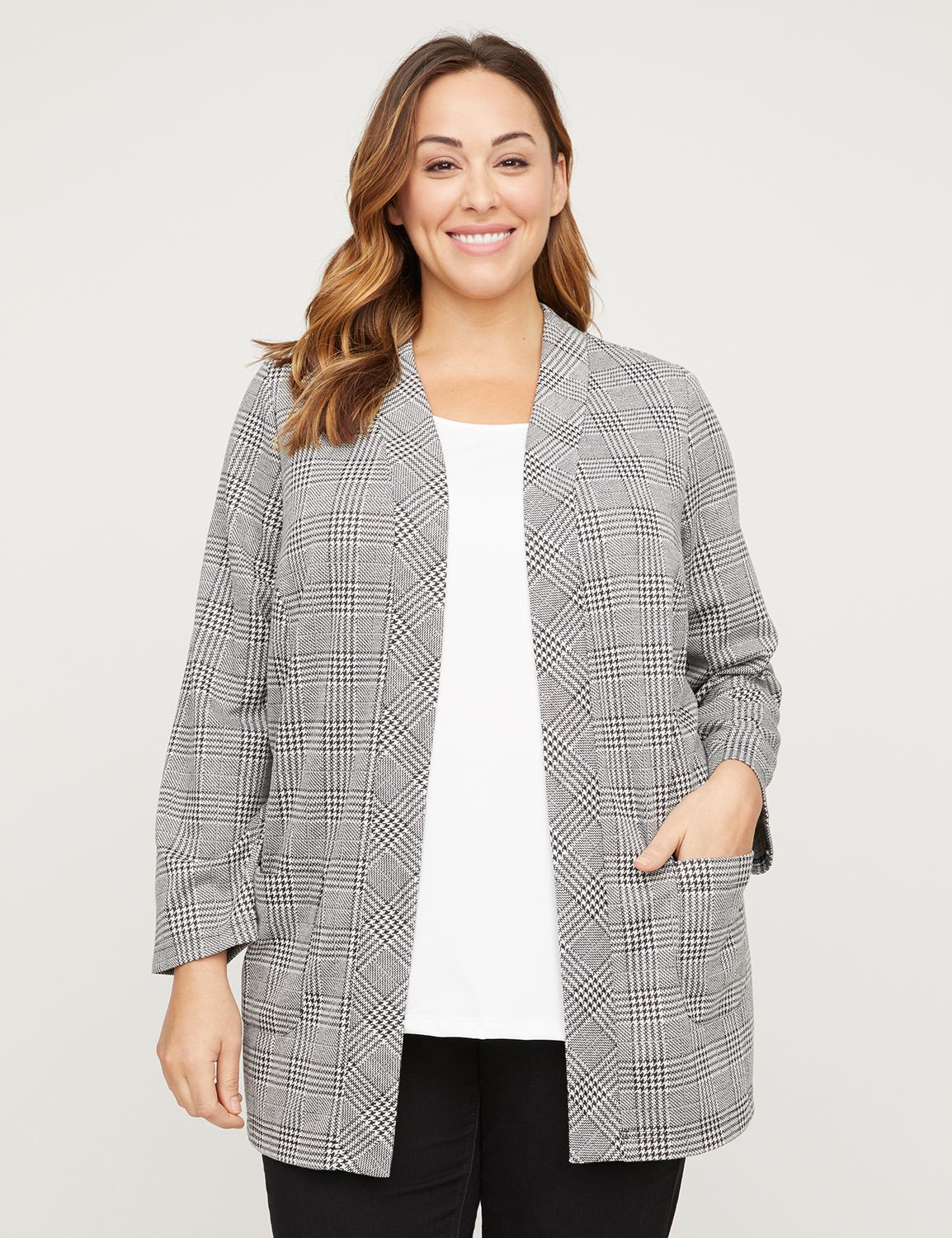 Polish off any look in an open jacket in a mix of houndstooth plaids. Soft, draped ponte knit fabric. Two front patch pockets. Long sleeves. Item Number #315632, 100% Polyester, Machine Wash, Imported Plus Size Top Plus Size Jacket, Length: 33" , Plus Sizes 0X-5X, Catherines Plus Sizes