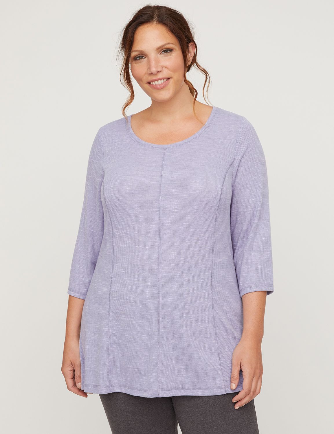 Designed for your on-the-go life! A comfortable active top in soft waffle knit with unique seaming detail. Soft swing style for added comfort and ease. Scoop neck. Three-quarter sleeves. Item Number #315734, 65% Polyester/35% Rayon, Machine Wash, Imported Plus Size Activewear, Inseam: 30" , Plus Sizes 0X-5X, Petite Plus Sizes 0XWP-3XWP, Catherines Plus Sizes