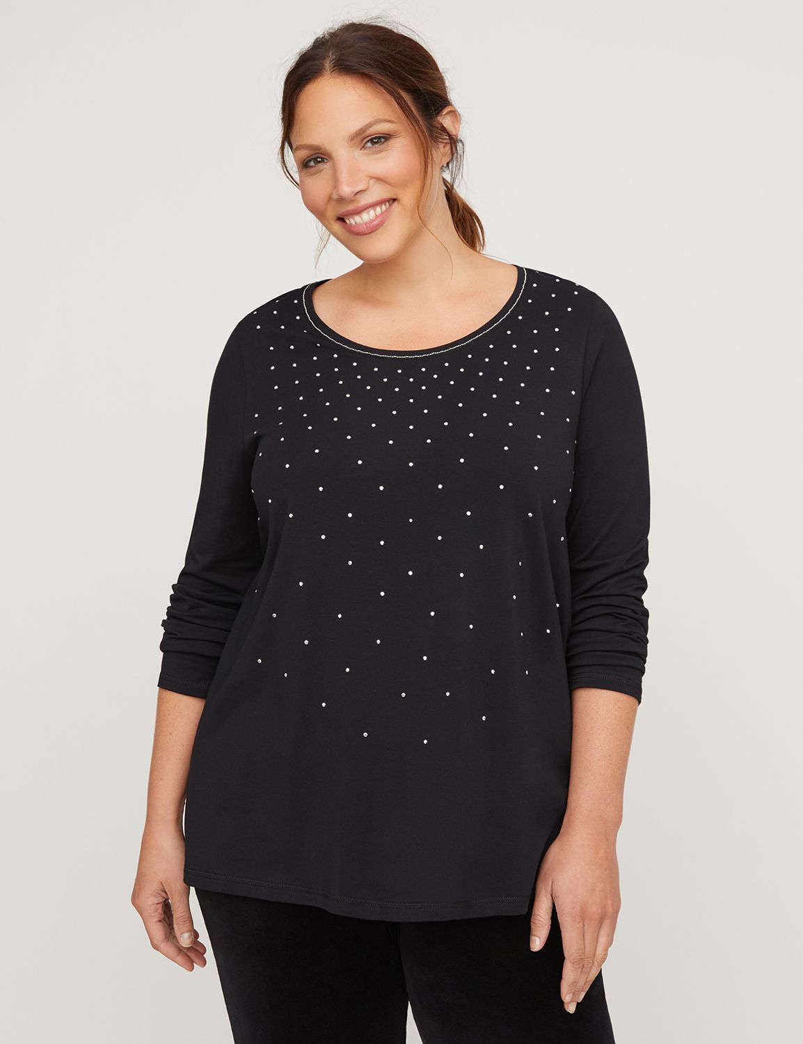 Upgrade the ordinary in this soft, jersey-knit top. Featuring sparkly studs and dazzling beads for a pop of style. Scoop neck. Long sleeves. Item Number #315753, 95% Cotton/5% Spandex, Machine Wash, Imported Plus Size Activewear, Length: 30" , Plus Sizes 0X-5X, Petite Plus Sizes 0XWP-3XWP, Catherines Plus Sizes