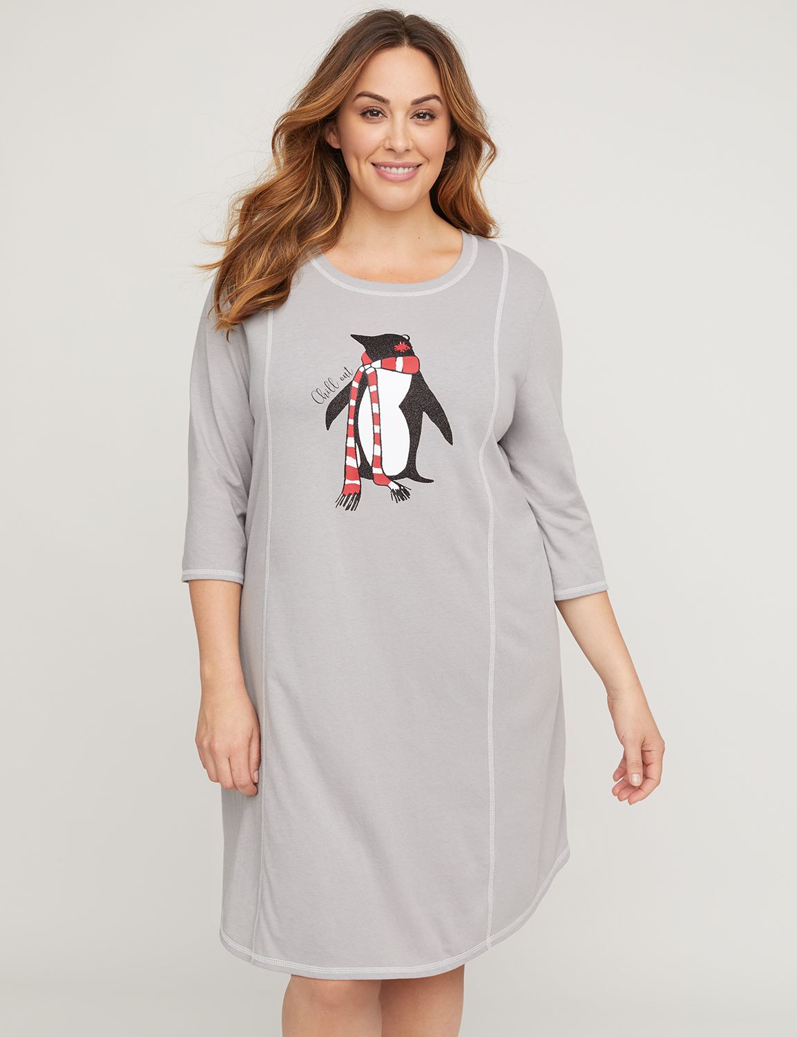 Super-soft and lightweight, this jersey knit sleepshirt offers a penguin graphic embellished with glitter. Featuring a Chill Out message and all-over contrast stitching. Scoop neck. Three-quarter sleeves. Item Number #315855, 60% Cotton/40% Polyester, Machine Wash, Imported Plus Size Sleepwear, Length: 39" , Plus Sizes 0X-5X, Catherines Plus Sizes