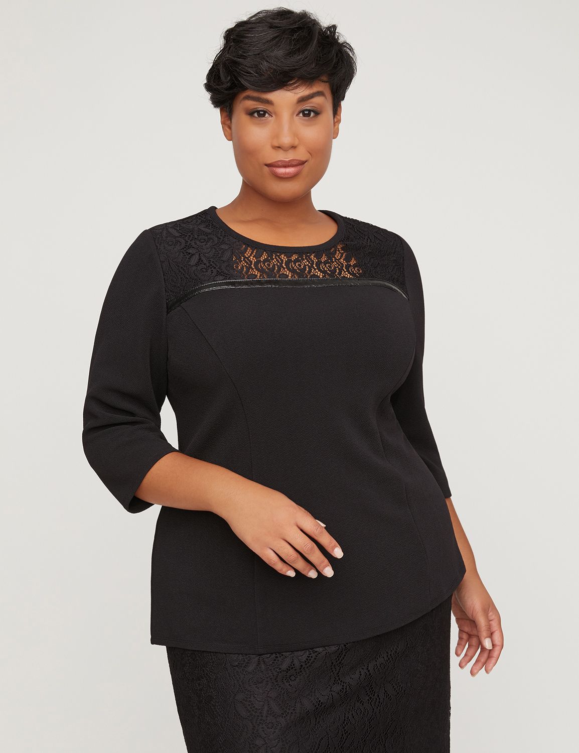 A soft top with sheer lace and faux leather accenting the front yoke. Princess seams and slightly textured fabric for a polished silhouette. Scoop neck. Three-quarter sleeves. Complete your look with our Black Label Lace Skirt. Item Number #315898, 96% Polyester/4% Spandex, Machine Wash, Imported Plus Size Black Label, Length: 29" , Plus Sizes 0X-5X, Petite Plus Sizes 0XWP-3XWP, Catherines Plus Sizes