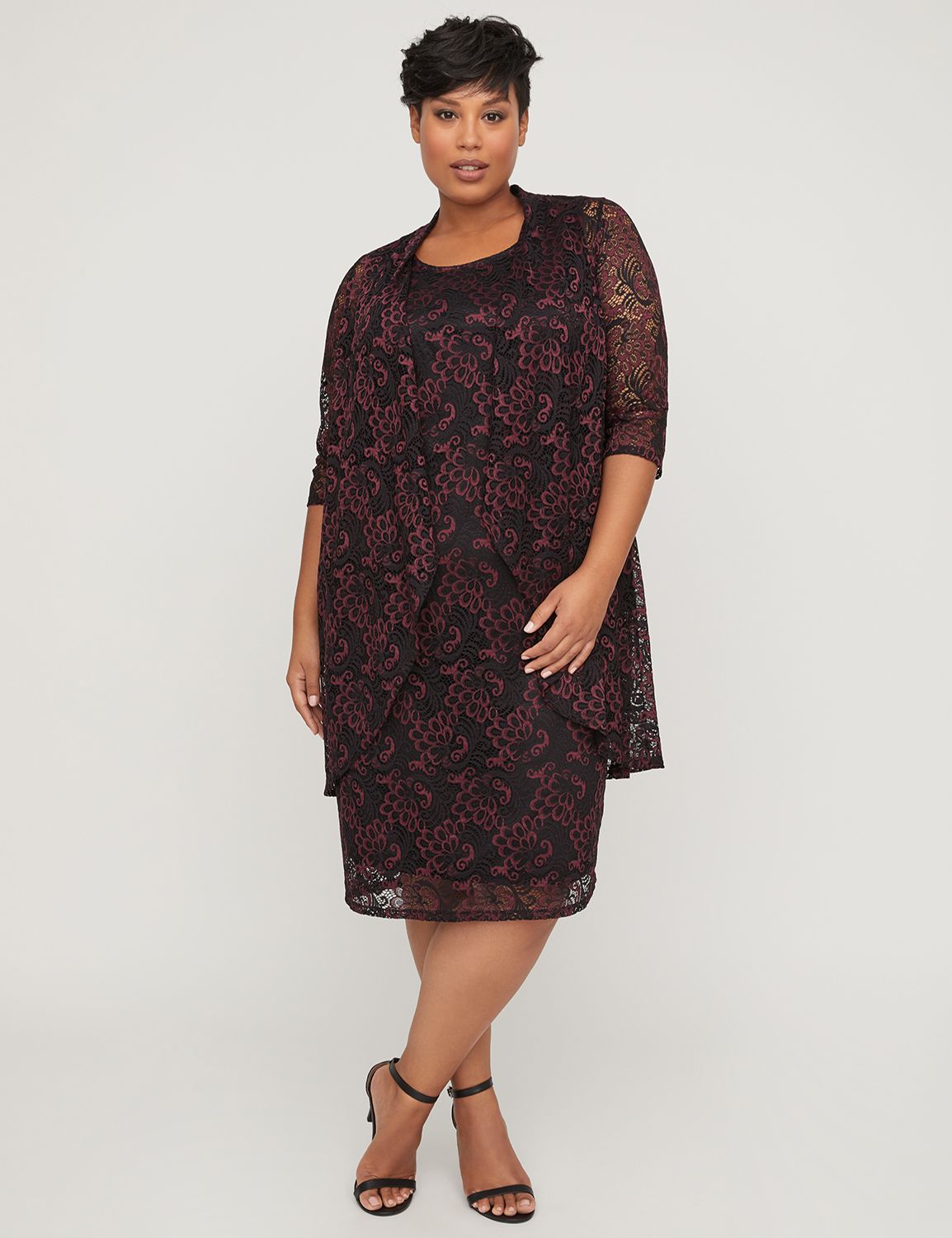 A stunning jacket dress in all-over lace offering an elegant addition to your wardrobe. Dress: Scoop neck. Sleeveless. Covered elastic detail at back waist for a flattering fit. No closure for easy, pull-on styling. Fully lined. Midi length. Jacket: All-over sheer lace. Open front with a cascading drape. Three-quarter sleeves. FIT: The jacket dress is a 2-piece set featuring a perfectly coordinated dress and jacket. This bestselling combo can be worn together or separately and paired with other wardrobe pieces. Item Number #316061, 68% Nylon/22% Polyester/10% Spandex Lace, Machine Wash, Imported Plus Size Dress, Length: 42" , Plus Sizes 0X-5X, Catherines